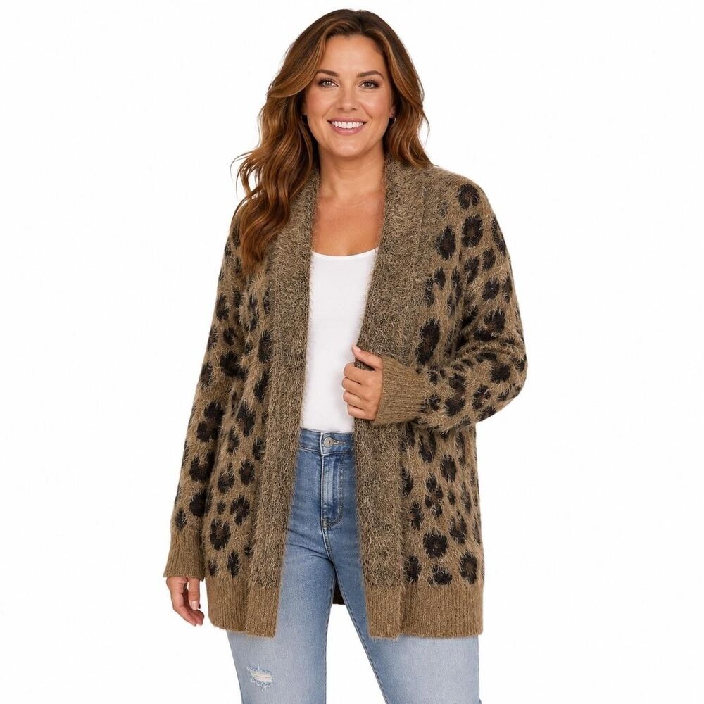 Oliver Cardigan Sweater Womens Large Brown Leopard Print Open Front Fuzzy